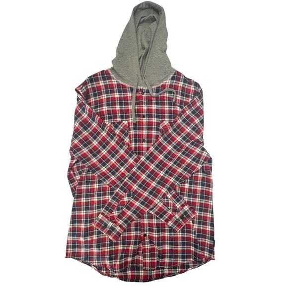 New UNIONBAY Men’s XL Flannel Shirt Hoodie Red Plaid Button Down Long Sleeve - Picture 7 of 12